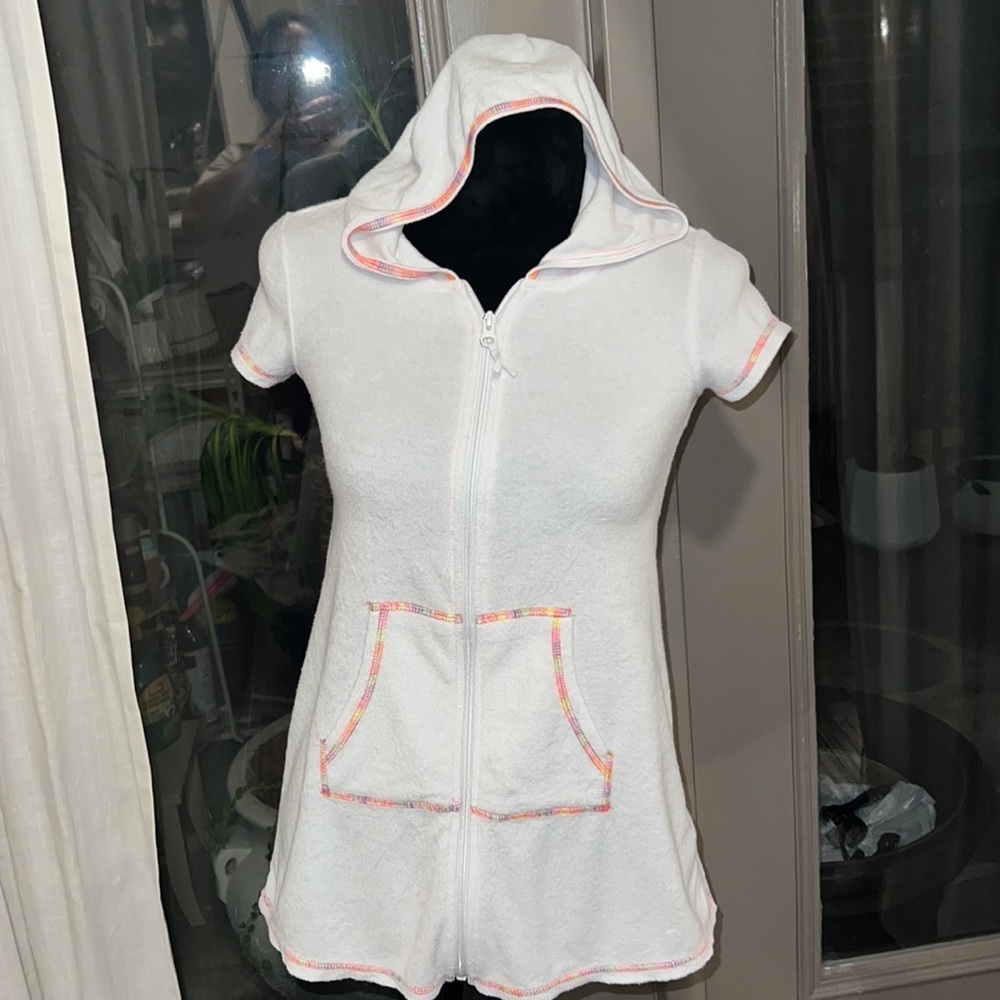 White terry cloth swimsuit cover hooded towel bath coverup neon threading M 7/8‌ - Picture 2 of 6